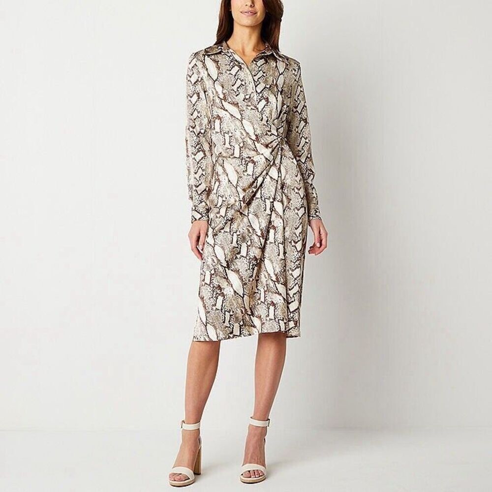 NWT Worthington Women Medium Dress Snake Long Sleeve Satin Dress Midi Mob Wife